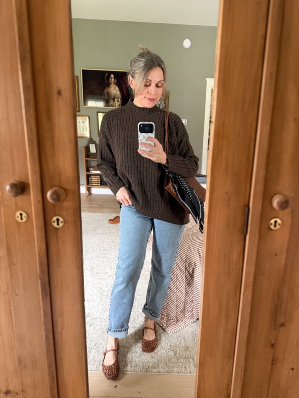Neuflora Brown Ribbed Mock Neck Sweater Soft Cozy Oversized S/M